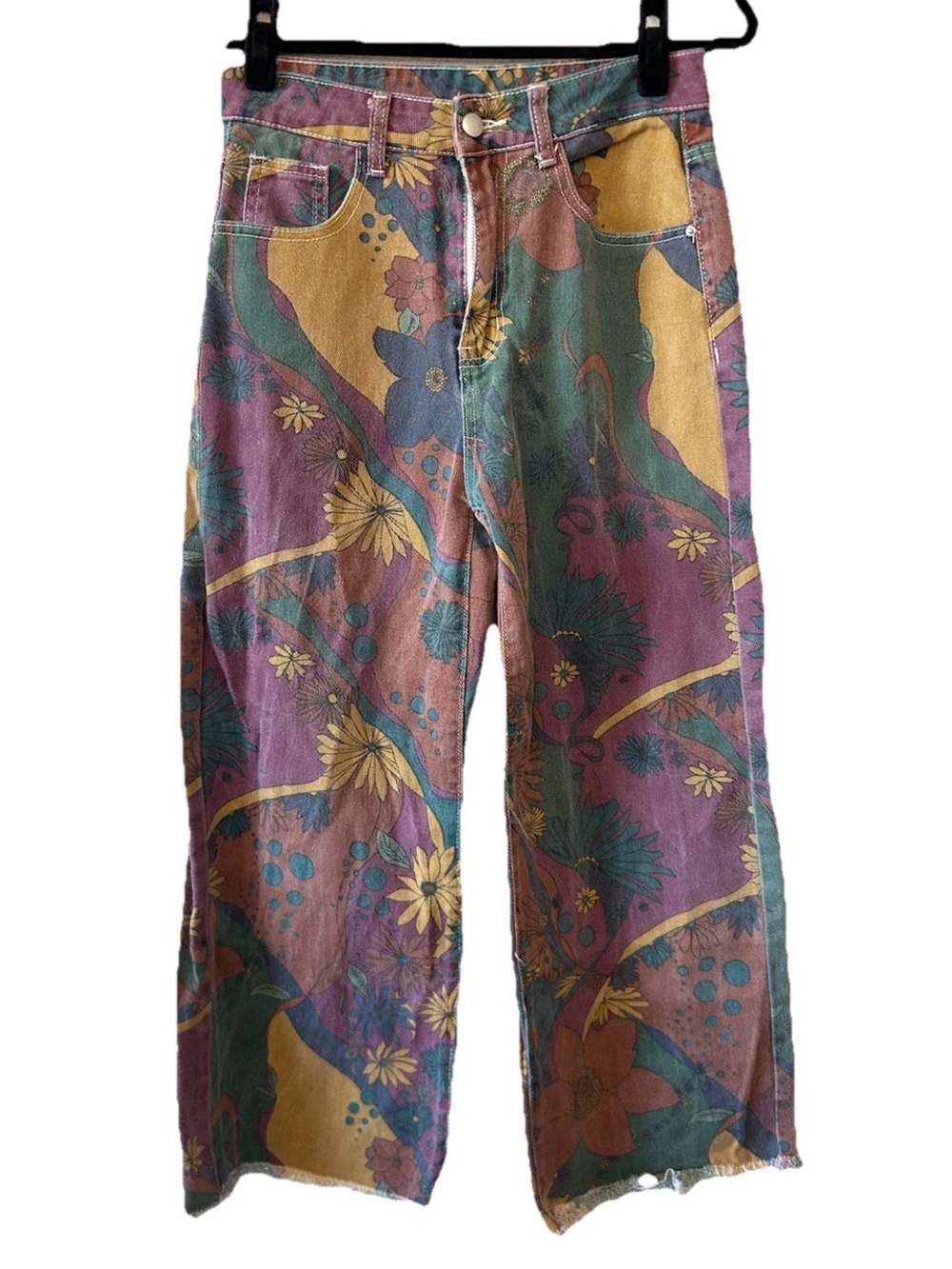 Vintage Psychedelic Floral Wide Leg Jeans Multi Colored Hippie Boho Festival S/M - Picture 15 of 15